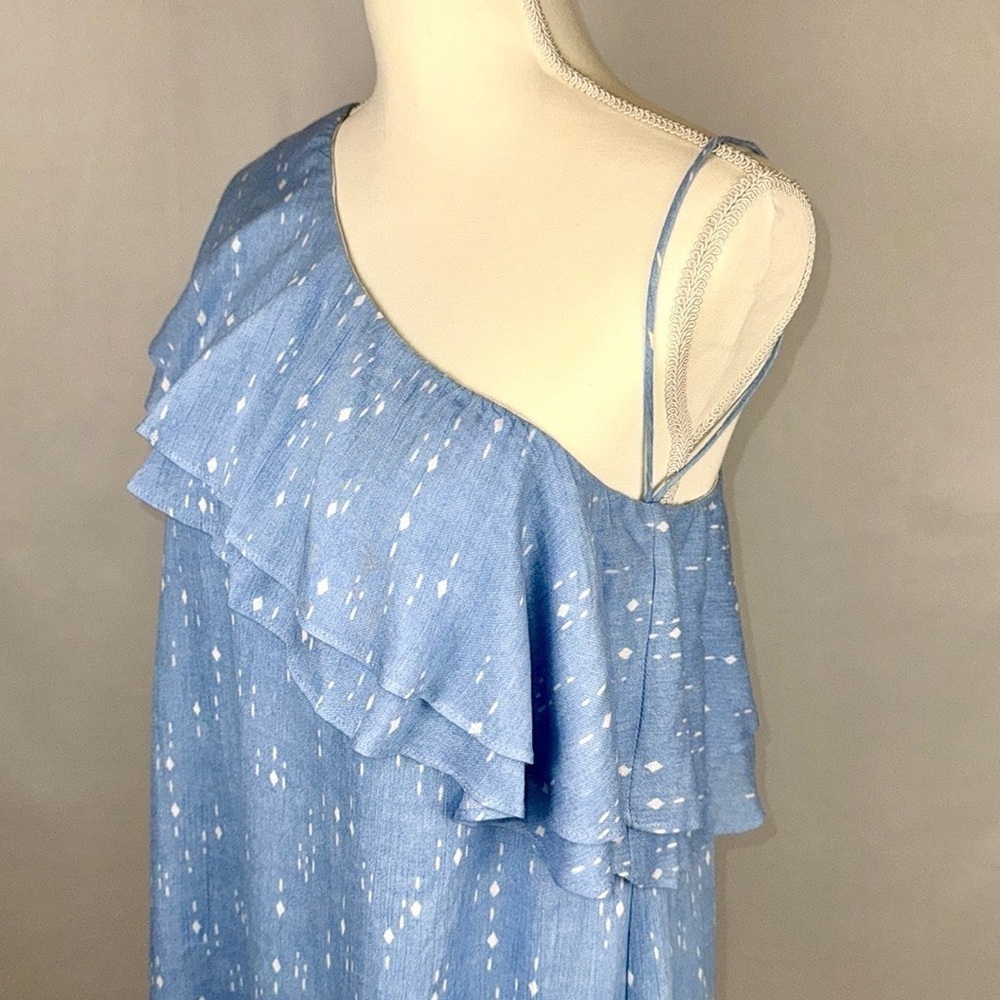 Charles Henry Shift Mini Dress One Shoulder Ruffle Pastel Blue Dot Medium Summer - Picture 7 of 13
